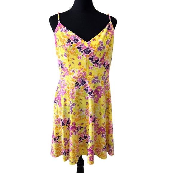 New ABOUND NORDSTROM Pink-Yellow Painted Floral V-Neck Skater Dress Size L - Picture 3 of 7